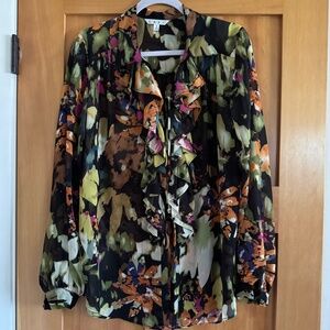 CAbi Cascading Ruffle Tie Front Tunic Blouse Semi-Sheer Size S